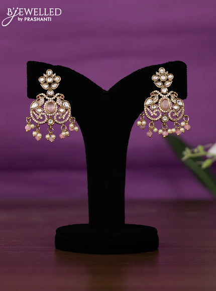 Beaded triple layer baby pink necklace with kundan & cz stones and pearl & beads hangings