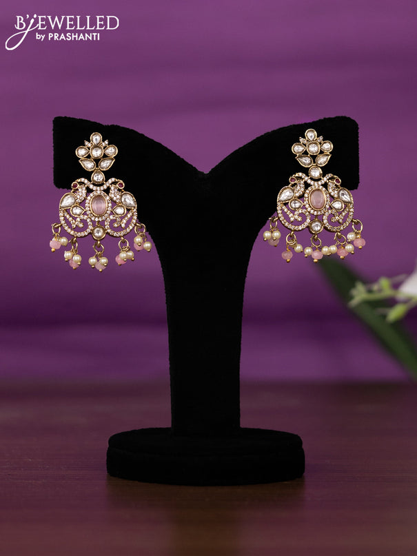 Beaded triple layer baby pink necklace with kundan & cz stones and pearl & beads hangings