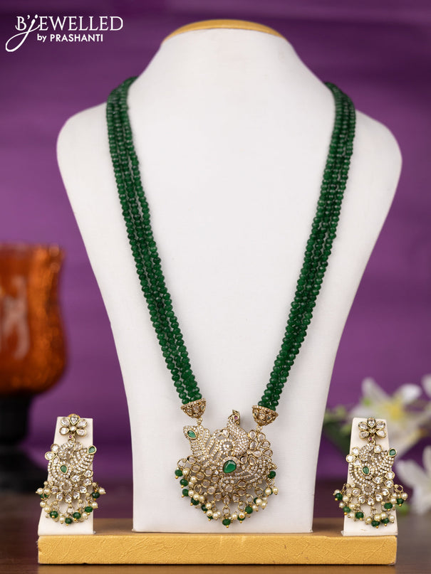 Beaded triple layer green necklace peacock design with emerald & cz stones and pearl & beads hangings