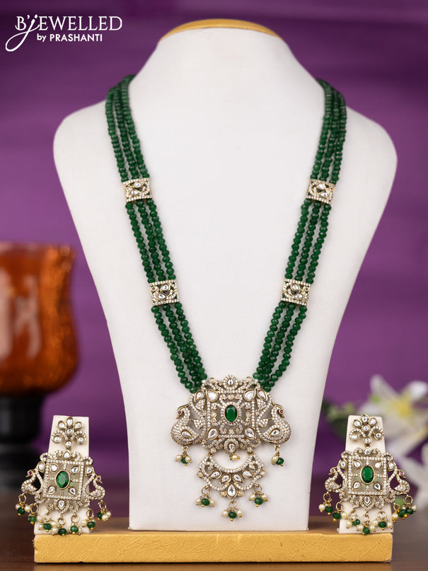 Beaded triple layer green necklace peacock design with kundan & cz stones and pearl & beads hangings