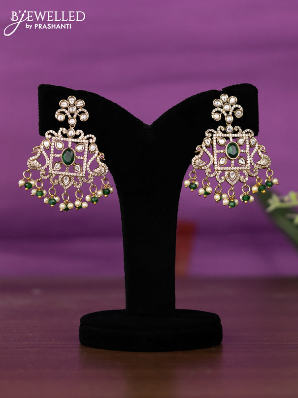 Beaded triple layer green necklace peacock design with kundan & cz stones and pearl & beads hangings