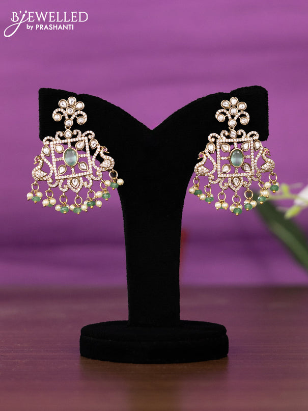 Beaded triple layer mint green necklace peacock design with kundan & cz stones and pearl & beads hangings