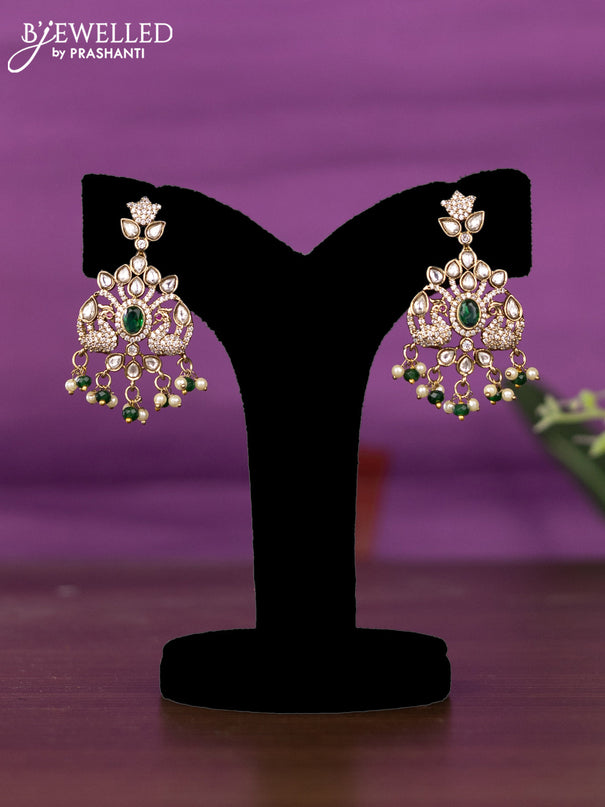 Beaded triple layer green necklace peacock design with kundan & cz stones and pearl & beads hangings