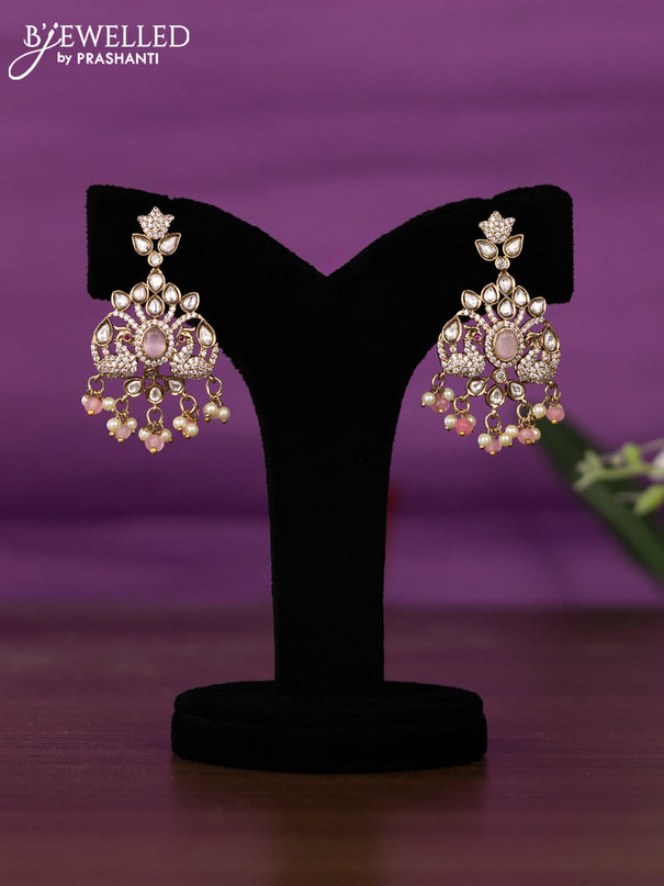 Beaded triple layer baby pink necklace peacock design with kundan & cz stones and pearl & beads hangings