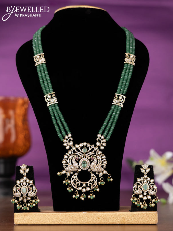 Beaded triple layer mint green necklace peacock design with kundan & cz stones and pearl & beads hangings