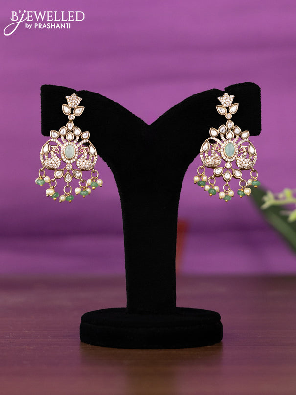 Beaded triple layer mint green necklace peacock design with kundan & cz stones and pearl & beads hangings