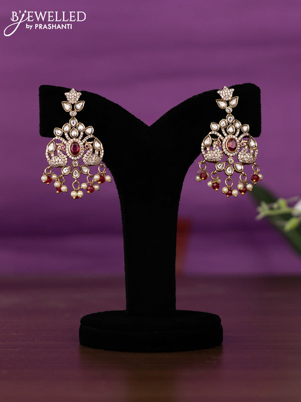 Beaded triple layer maroon necklace peacock design with kundan & cz stones and pearl & beads hangings