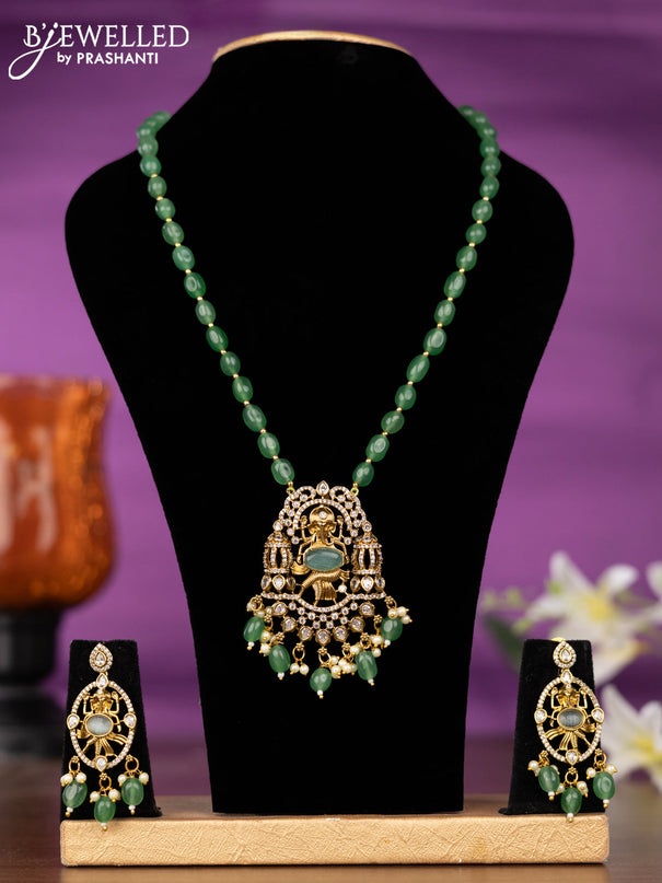 Beaded mint green necklace ganesha pendant with cz stones and pearl & beads hangings