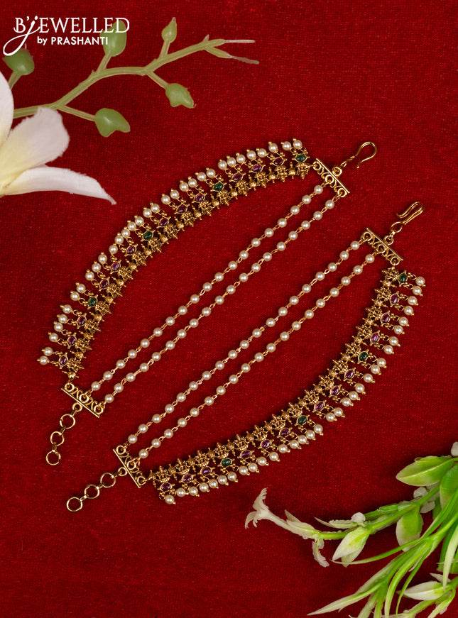 Antique mattal triple layer lakshmi design with kemp stones and golden beads hangings