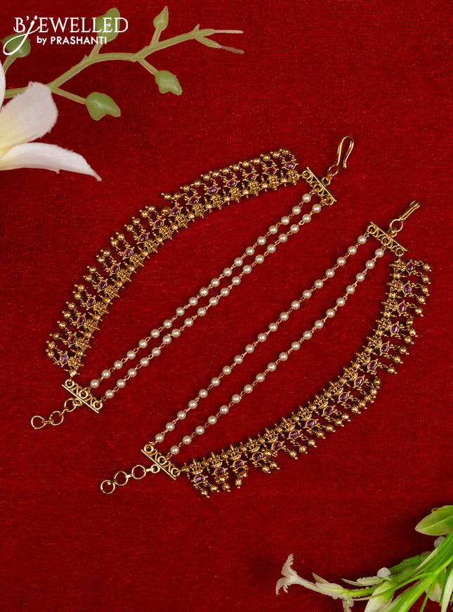 Antique mattal triple layer lakshmi design with ruby stones and golden beads hangings