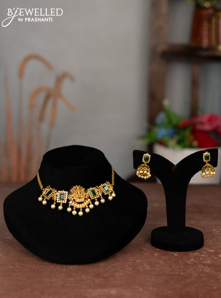 Antique choker lakshmi design with emerald & cz stones and pearl hangings