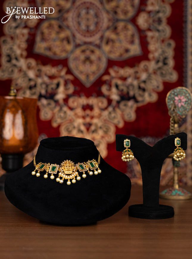 Antique choker lakshmi design with kemp & cz stones and pearl hangings