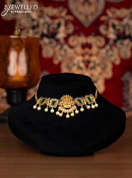 Antique choker lakshmi design with kemp & cz stones and pearl hangings
