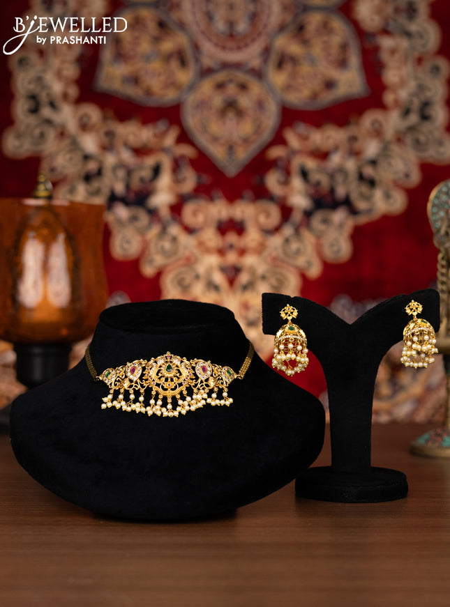 Antique choker peacock & maanga design with kemp and cz stones and pearl hangings