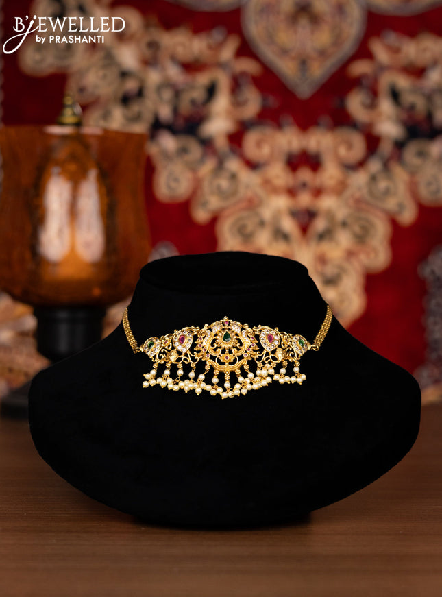 Antique choker peacock & maanga design with kemp and cz stones and pearl hangings