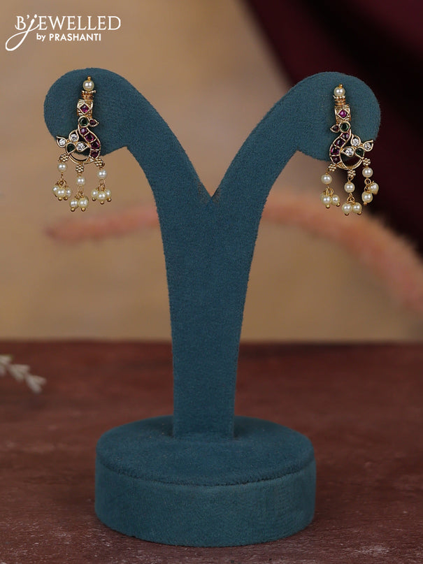 Antique guttapusalu necklace floral & peacock design with kemp and cz stones and pearl hangings