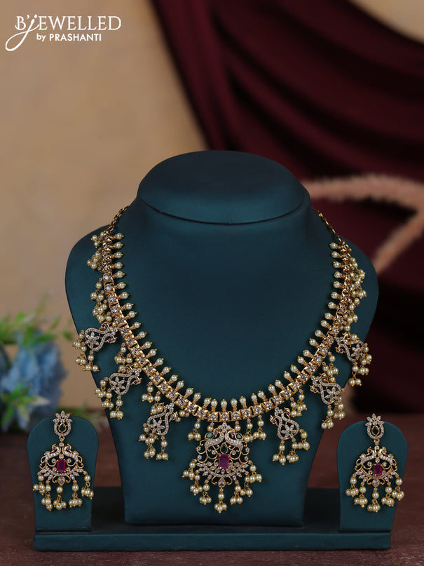 Antique guttapusalu necklace peacock design with kemp and cz stones and pearl hangings