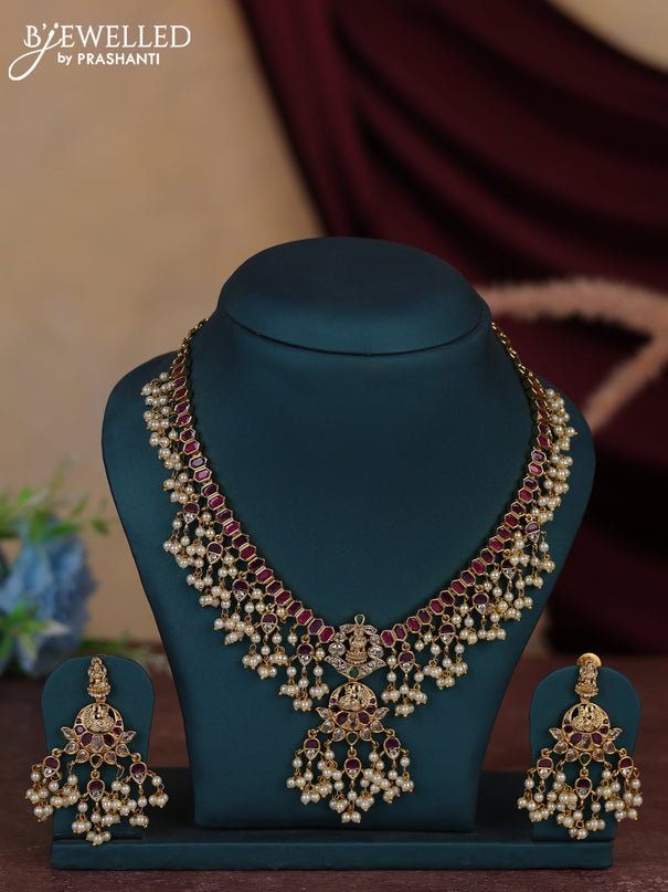 Antique guttapusalu necklace lakshmi design with kemp & cz stones and pearl hangings