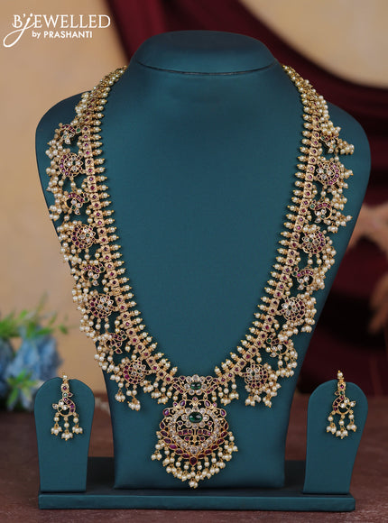 Antique guttapusalu haram floral & peacock design with kemp and cz stones and pearl hangings