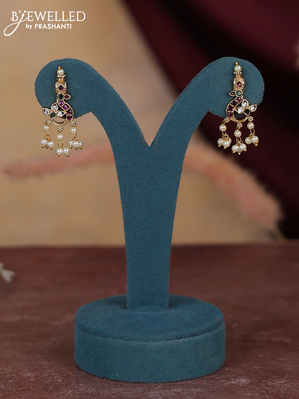 Antique guttapusalu haram floral & peacock design with kemp and cz stones and pearl hangings