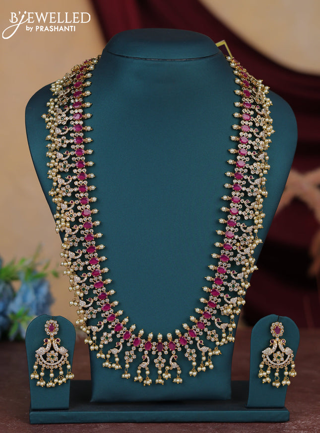 Antique guttapusalu haram swan design with kemp and cz stones and pearl hangings