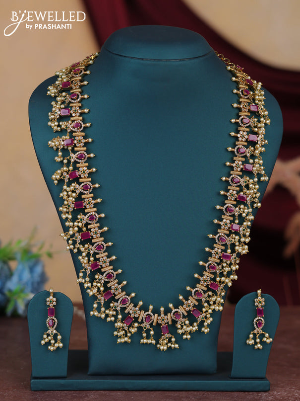Antique guttapusalu haram floral design with kemp and cz stones and pearl hangings