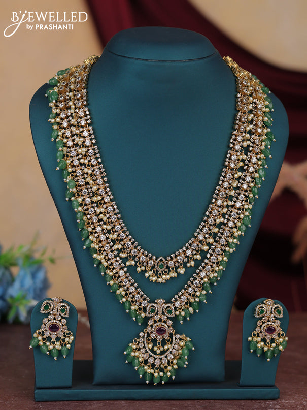 Antique guttapusalu double layer necklace with kemp & cz stones and pearl and green beads hangings