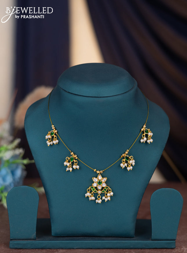Invisible chain floral design with emerald & kundan stones and pearl hangings without earring
