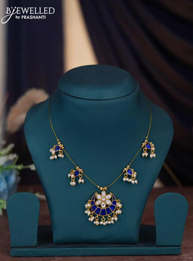 Invisible chain with sapphire & kundan stones and pearl hangings without earring