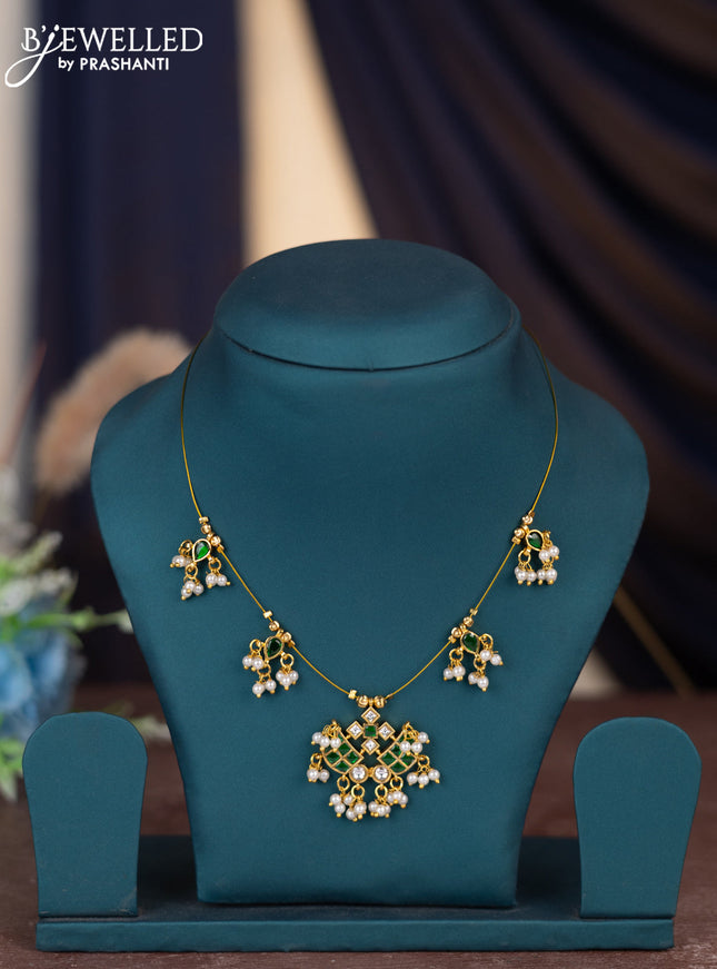 Invisible chain with emerald jadau kundan stones and pearl hangings without earring