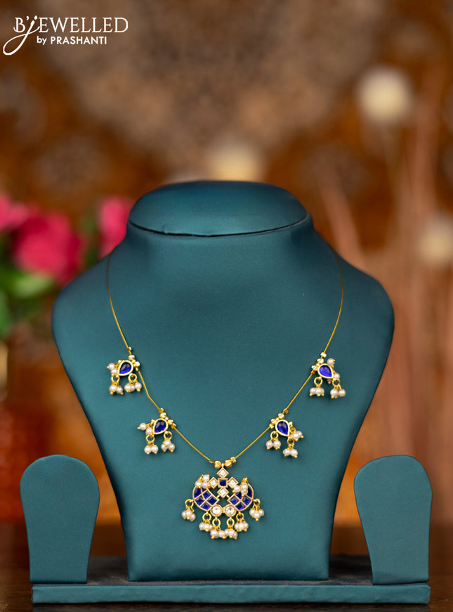 Invisible chain with blue jadau kundan stones and pearl hangings without earring