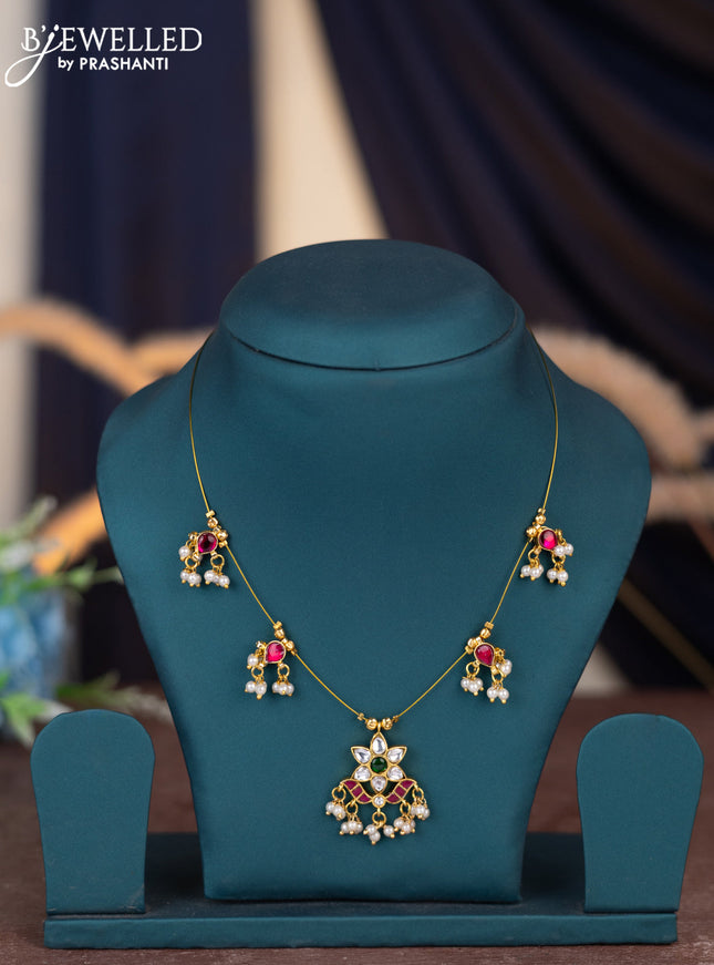 Invisible chain floral design with jadau kemp stones and pearl hangings without earring