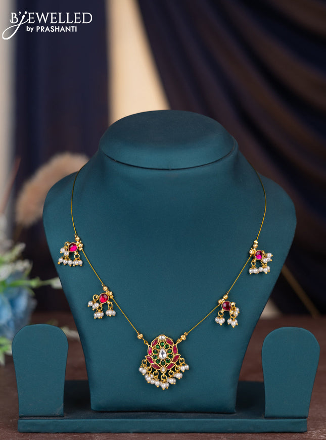 Invisible chain floral design with jadau kemp stones and pearl hangings without earring