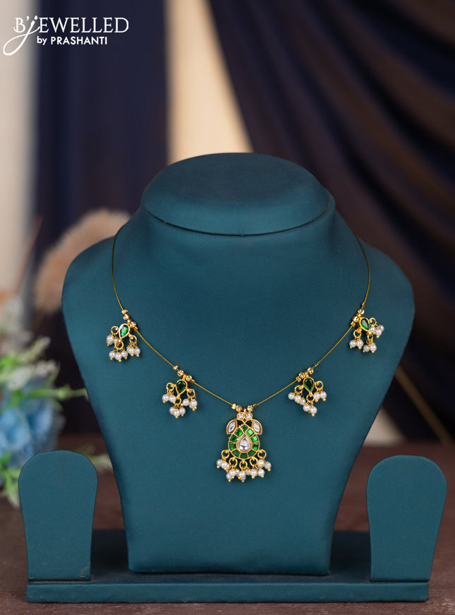 Invisible chain with emerald & kundan stones and pearl hangings without earring
