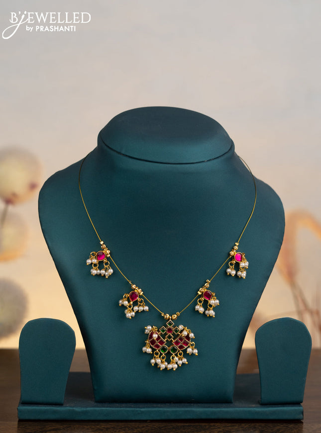 Invisible chain with kemp jadau stones and pearl hangings without earrings