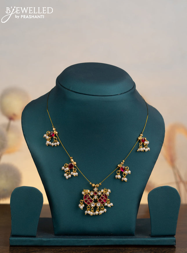 Invisible chain with pink jadau kundan stones and pearl hangings without earrings
