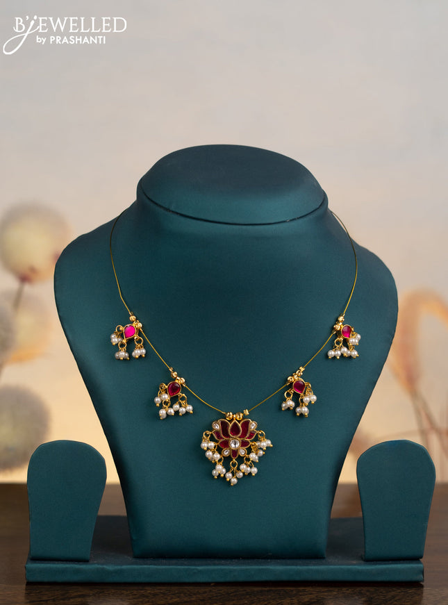 Invisible chain lotus design with pink jadau kundan stones and pearl hangings without earrings