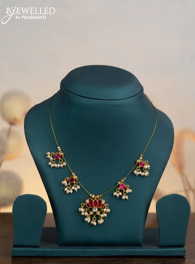 Invisible chain lotus design with kemp jadau kundan stones and pearl hangings without earrings