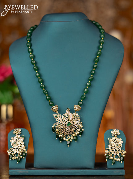 Beaded green necklace peacock design with emerald & cz stones and pearl & beads hangings in victorian finish