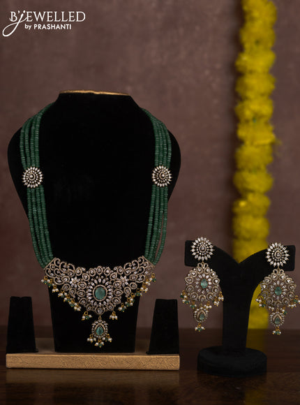 Beaded multilayer mint green necklace with cz stones and pearl & beads hangings in victorian finish