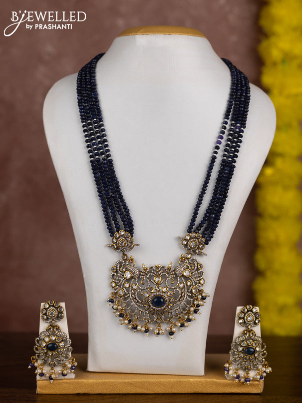 Beaded multilayer navy blue necklace with sapphire & cz stones and pearl & beads hangings in victorian finish