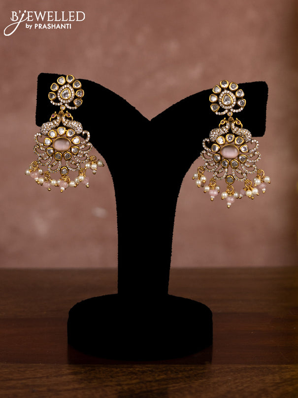 Beaded multilayer baby pink necklace with cz stones and pearl & beads hangings in victorian finish
