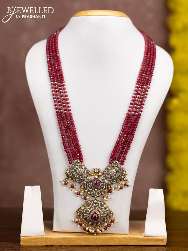 Beaded multilayer maroon necklace with ruby & cz stones and pearl & beads hangings without earrings n victorian finish