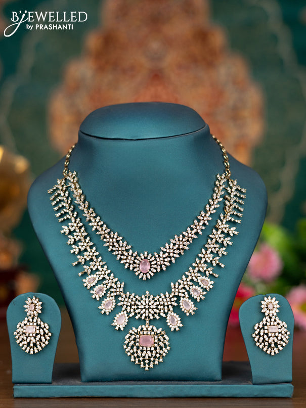 Necklace double layer with baby pink and cz stones in victorian finish