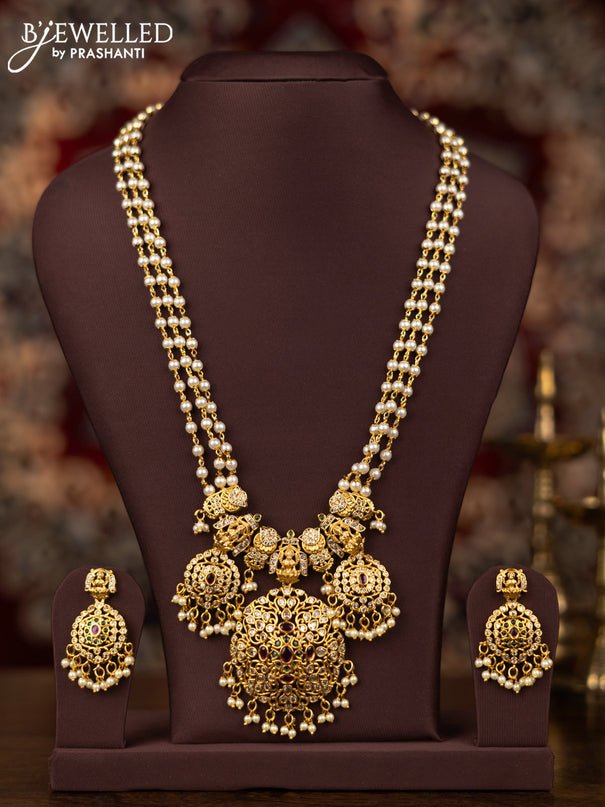 Pearl triple layer haram lakshmi design with kemp & cz stones and pearl hanging
