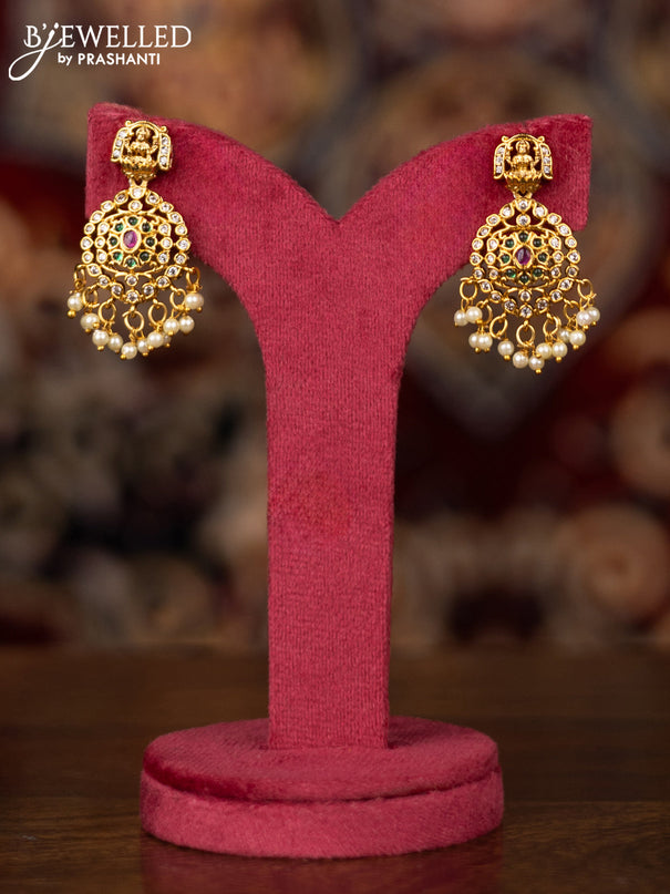 Pearl triple layer haram lakshmi design with kemp & cz stones and pearl hanging