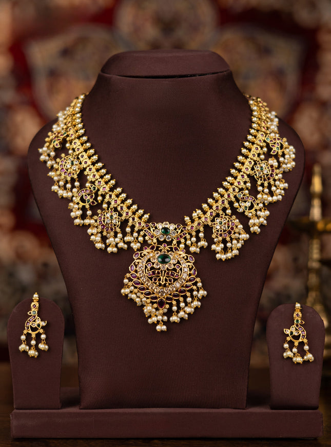 Antique guttapusalu necklace floral & peacock design with kemp and cz stone and pearl hangings