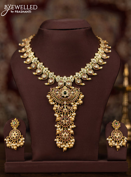 Antique guttapusalu necklace maanga & peacock design with kemp and cz stone and pearl,golden beads hangings
