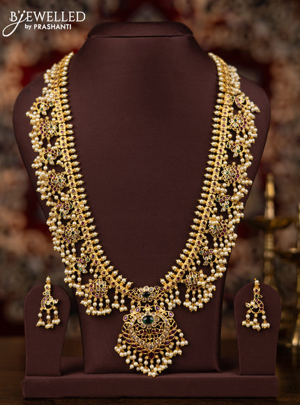 Antique guttapusalu haram floral & peacock design with kemp and cz stone and pearl hangings