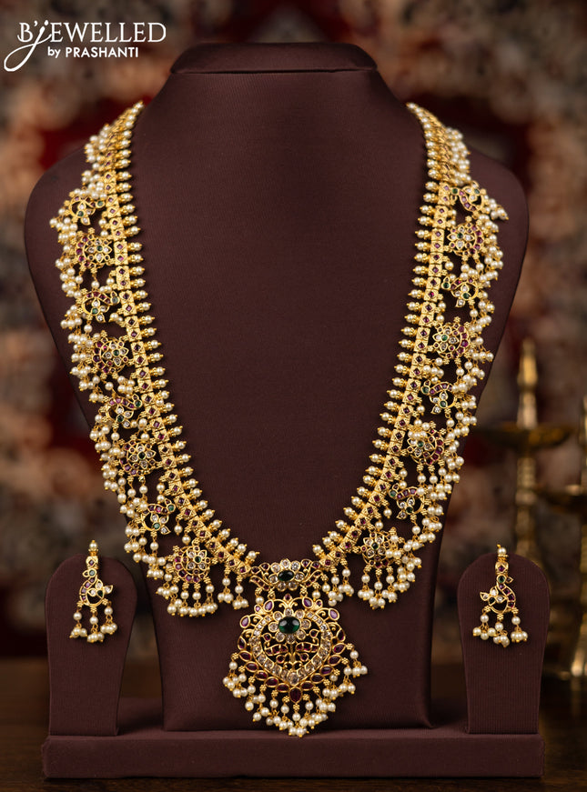 Antique guttapusalu haram floral & peacock design with kemp and cz stone and pearl hangings